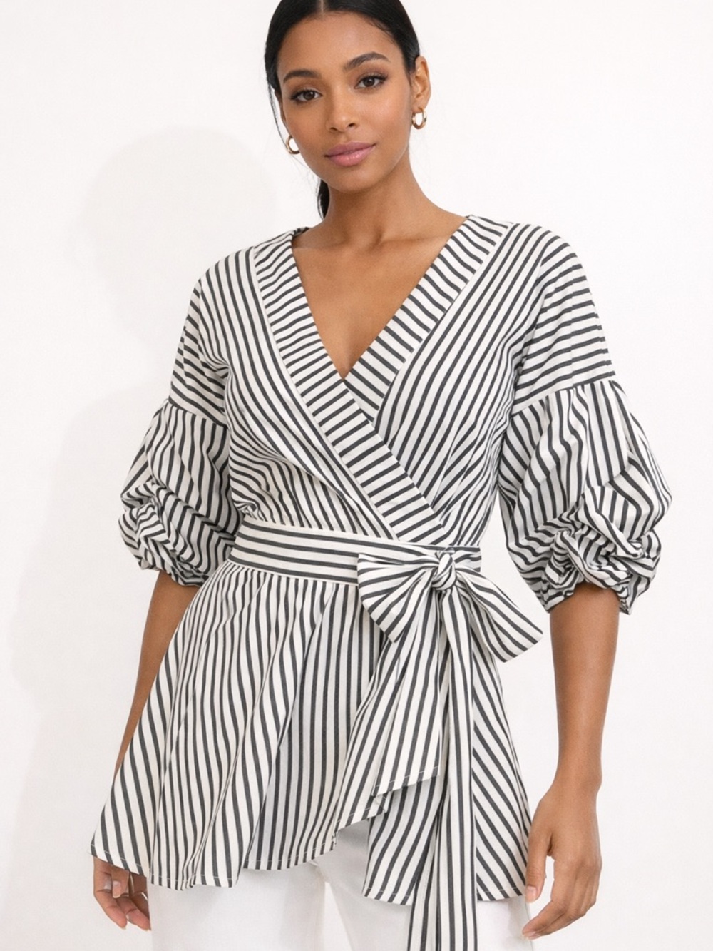 New York & Co. Black White Stripe Wrap Blouse | Puff Sleeve Tie Waist Top